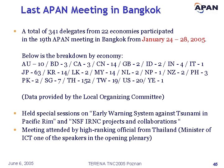 Last APAN Meeting in Bangkok § A total of 341 delegates from 22 economies