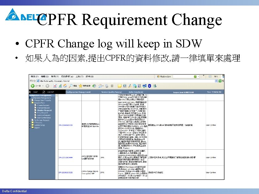 CPFR Requirement Change • CPFR Change log will keep in SDW • 如果人為的因素, 提出CPFR的資料修改,