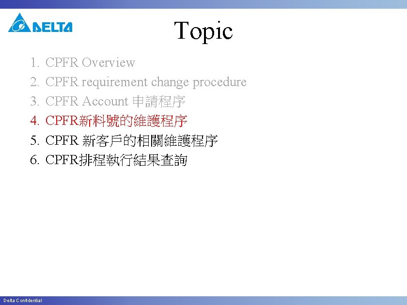 Topic 1. 2. 3. 4. 5. 6. Delta Confidential CPFR Overview CPFR requirement change