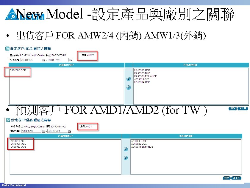 New Model -設定產品與廠別之關聯 • 出貨客戶 FOR AMW 2/4 (內銷) AMW 1/3(外銷) • 預測客戶 FOR