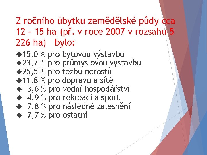 Z ročního úbytku zemědělské půdy cca 12 – 15 ha (př. v roce 2007