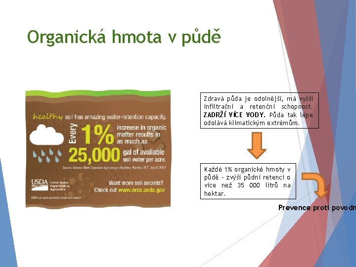 Organická hmota v půdě Zdravá půda je odolnější, má vyšší infiltrační a retenční schopnost.