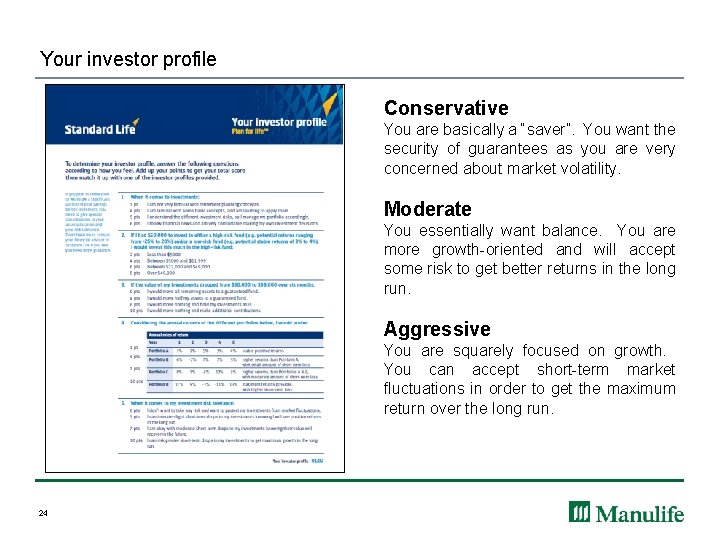 Your investor profile Conservative You are basically a “saver”. You want the security of