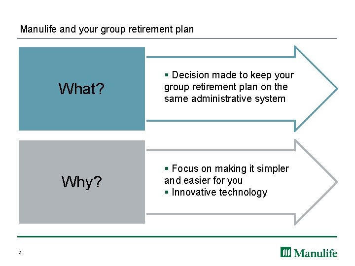 Manulife and your group retirement plan 3 What? § Decision made to keep your