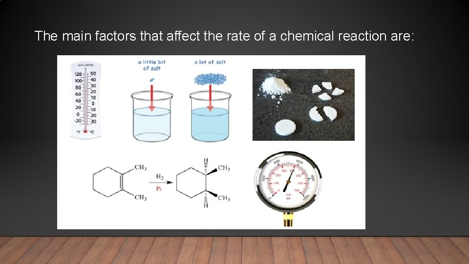 The main factors that affect the rate of a chemical reaction are: 1) The