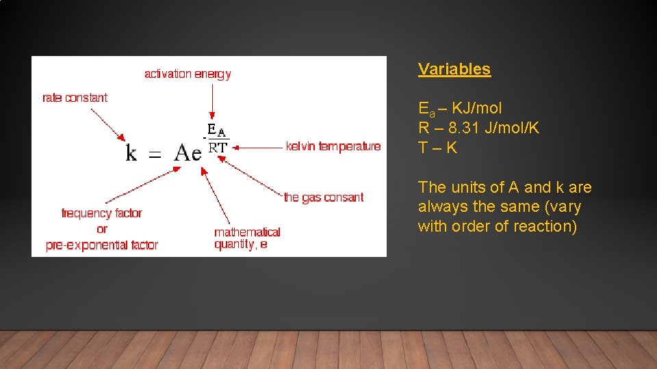 Variables Ea – KJ/mol R – 8. 31 J/mol/K T – K The units
