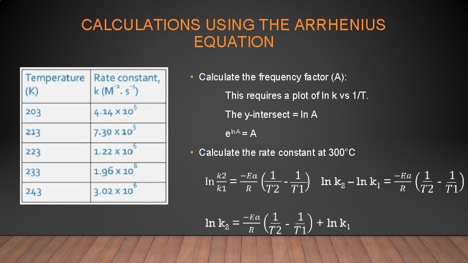 CALCULATIONS USING THE ARRHENIUS EQUATION • Calculate the frequency factor (A): This requires a