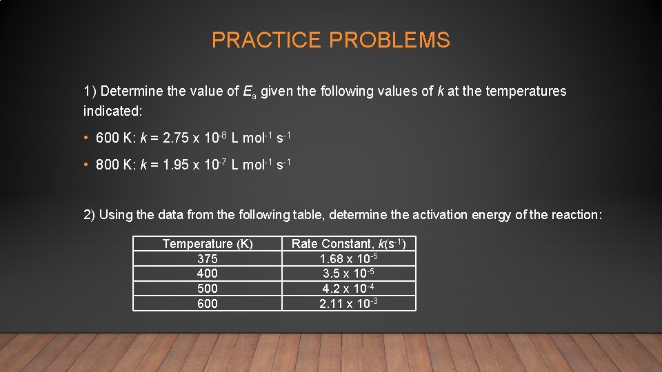 PRACTICE PROBLEMS 1) Determine the value of Ea given the following values of k