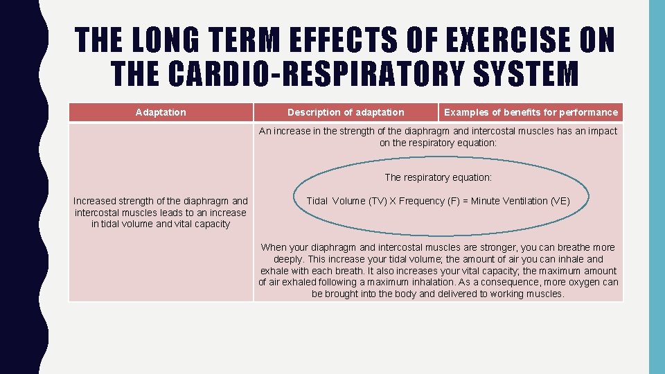 THE LONG TERM EFFECTS OF EXERCISE ON THE CARDIO-RESPIRATORY SYSTEM Adaptation Description of adaptation