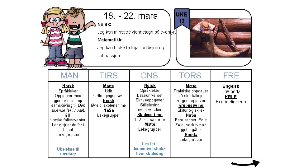 18. - 22. mars Norsk: UKE 12 Jeg kan minst tre kjennetegn på eventyr.