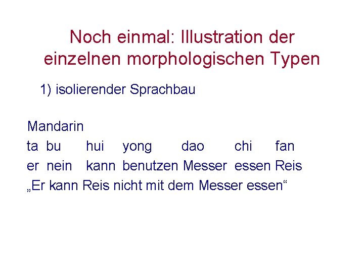 Noch einmal: Illustration der einzelnen morphologischen Typen 1) isolierender Sprachbau Mandarin ta bu hui Noch einmal: Illustration der einzelnen morphologischen Typen 1) isolierender Sprachbau Mandarin ta bu hui