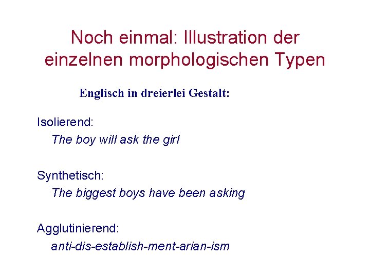 Noch einmal: Illustration der einzelnen morphologischen Typen Englisch in dreierlei Gestalt: Isolierend: The boy Noch einmal: Illustration der einzelnen morphologischen Typen Englisch in dreierlei Gestalt: Isolierend: The boy