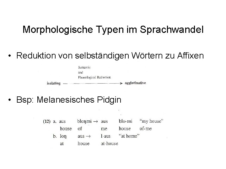 Morphologische Typen im Sprachwandel • Reduktion von selbständigen Wörtern zu Affixen • Bsp: Melanesisches Morphologische Typen im Sprachwandel • Reduktion von selbständigen Wörtern zu Affixen • Bsp: Melanesisches