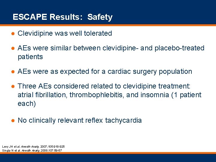ESCAPE Results: Safety ● Clevidipine was well tolerated ● AEs were similar between clevidipine-