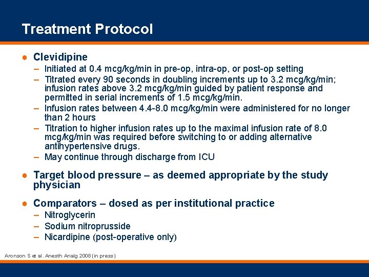 Treatment Protocol ● Clevidipine – Initiated at 0. 4 mcg/kg/min in pre-op, intra-op, or