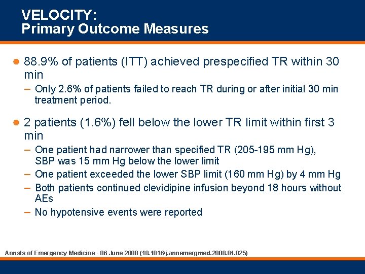 VELOCITY: Primary Outcome Measures ● 88. 9% of patients (ITT) achieved prespecified TR within