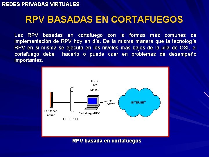 REDES PRIVADAS VIRTUALES RPV BASADAS EN CORTAFUEGOS Las RPV basadas en cortafuego son la