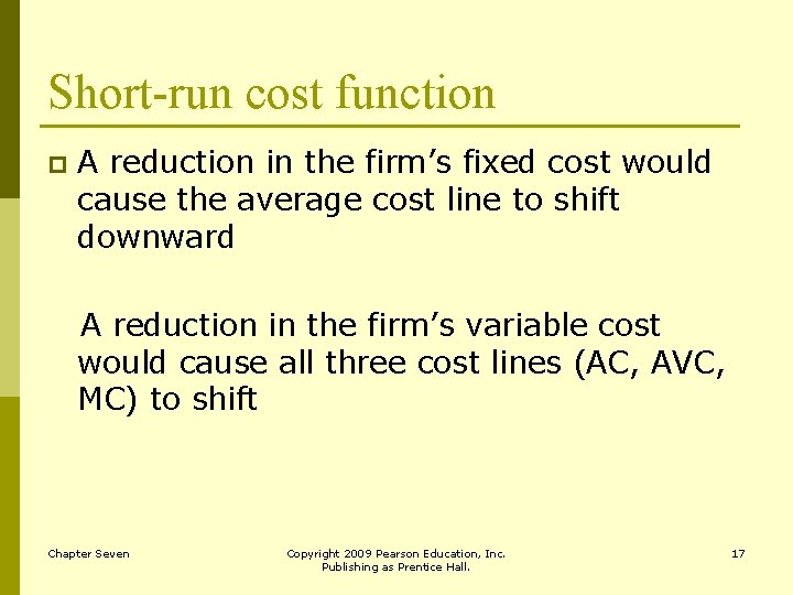 Short-run cost function p A reduction in the firm’s fixed cost would cause the