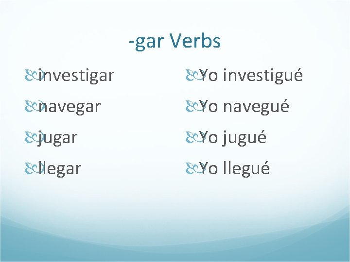 -gar Verbs investigar navegar jugar llegar Yo investigué Yo navegué Yo jugué Yo llegué