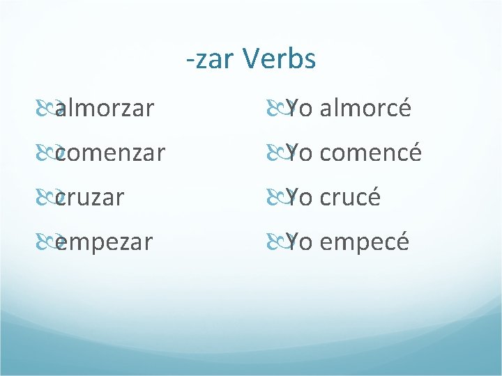 -zar Verbs almorzar comenzar cruzar empezar Yo almorcé Yo comencé Yo crucé Yo empecé