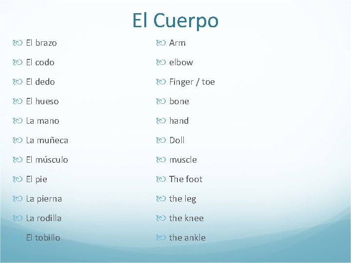 El Cuerpo El brazo Arm El codo elbow El dedo Finger / toe El