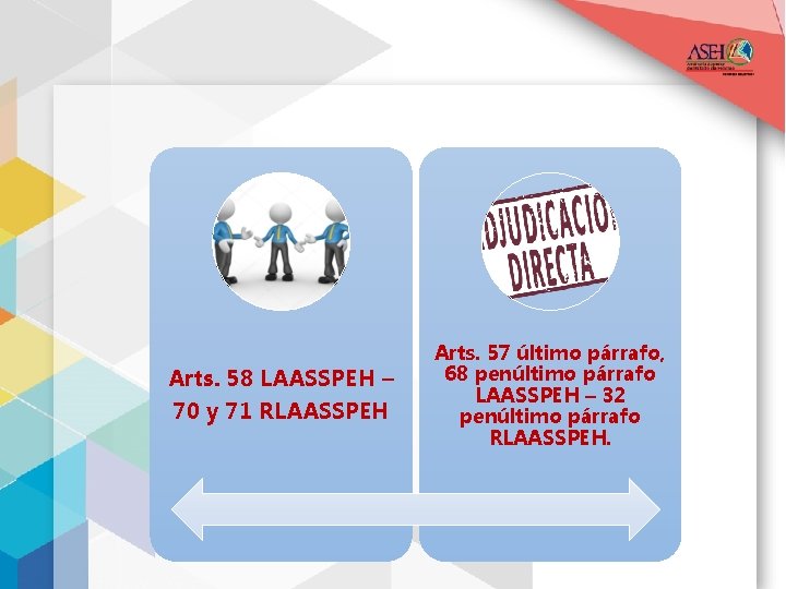 Arts. 58 LAASSPEH – 70 y 71 RLAASSPEH Arts. 57 último párrafo, 68 penúltimo