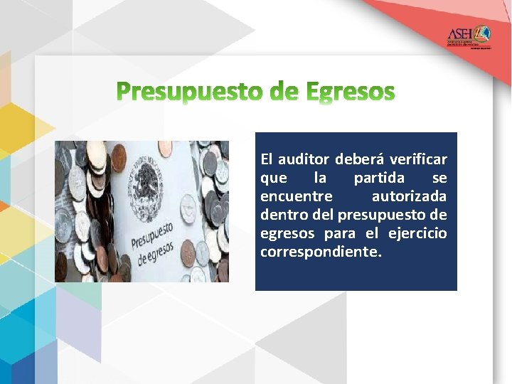 Presupuesto de Egresos El auditor deberá verificar que la partida se encuentre autorizada dentro