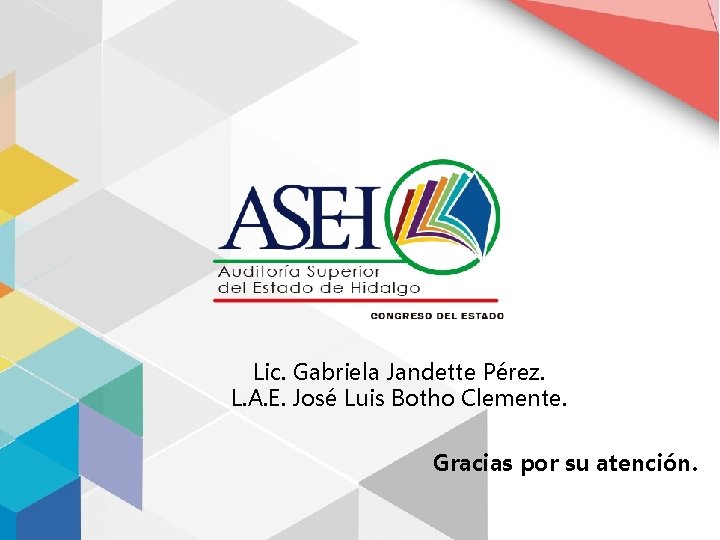 Lic. Gabriela Jandette Pérez. L. A. E. José Luis Botho Clemente. Gracias por su