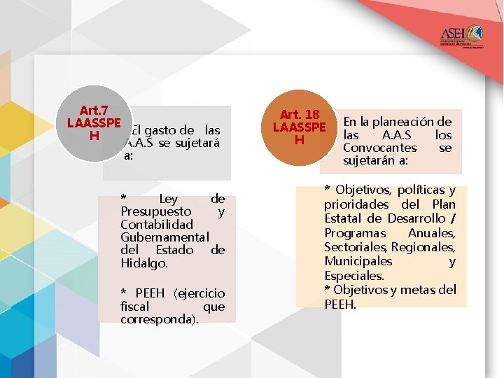 Art. 7 LAASSPE El gasto de las H A. A. S se sujetará a: