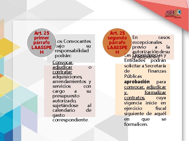 Art. 25 primer párrafo Los Convocantes su LAASSPE bajo responsabilidad H podrán: Convocar, adjudicar