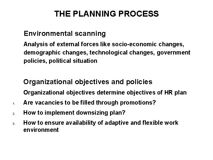 THE PLANNING PROCESS Environmental scanning Analysis of external forces like socio-economic changes, demographic changes,