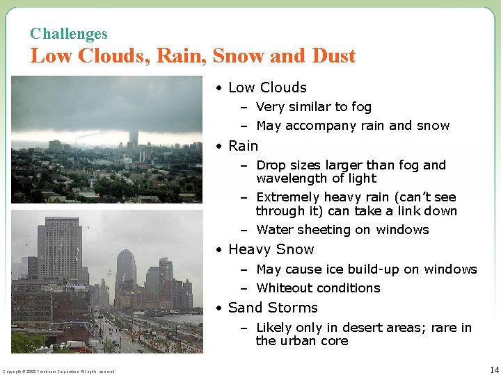 Challenges Low Clouds, Rain, Snow and Dust • Low Clouds – Very similar to