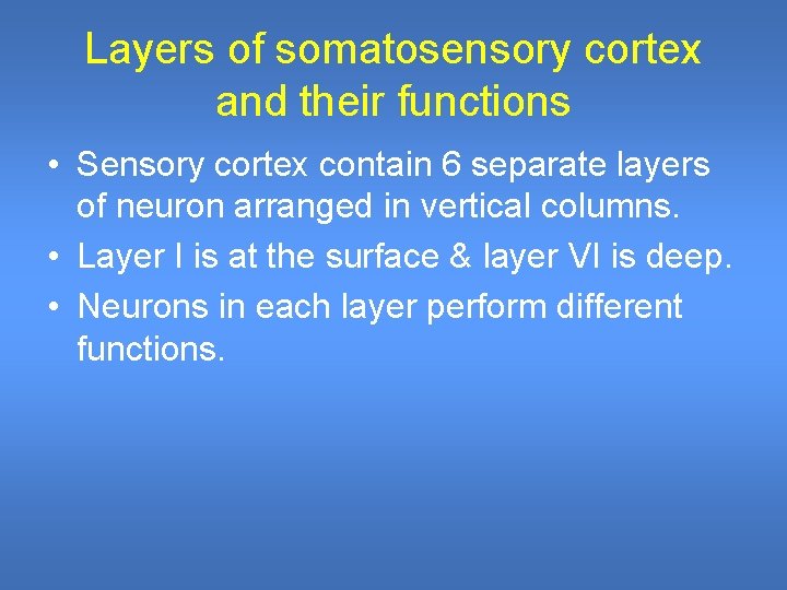 Layers of somatosensory cortex and their functions • Sensory cortex contain 6 separate layers Layers of somatosensory cortex and their functions • Sensory cortex contain 6 separate layers