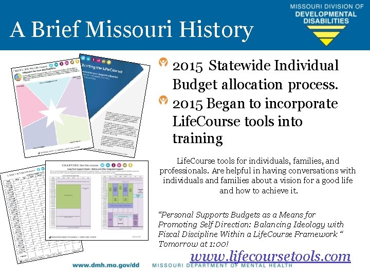 A Brief Missouri History 2015 Statewide Individual Budget allocation process. 2015 Began to incorporate