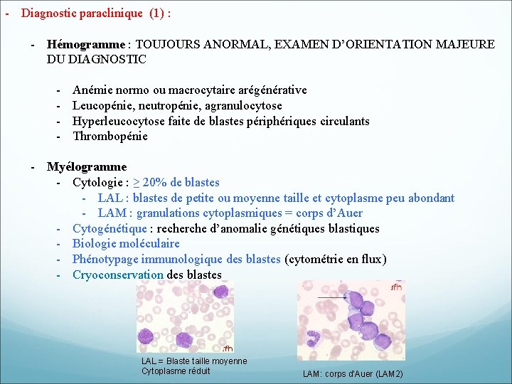- Diagnostic paraclinique (1) : - Hémogramme : TOUJOURS ANORMAL, EXAMEN D’ORIENTATION MAJEURE DU - Diagnostic paraclinique (1) : - Hémogramme : TOUJOURS ANORMAL, EXAMEN D’ORIENTATION MAJEURE DU