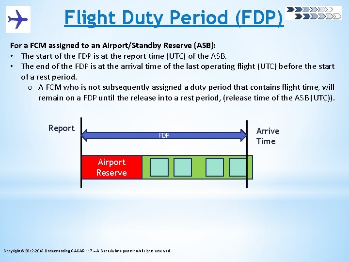 Flight Duty Period (FDP) For a FCM assigned to an Airport/Standby Reserve (ASB): •