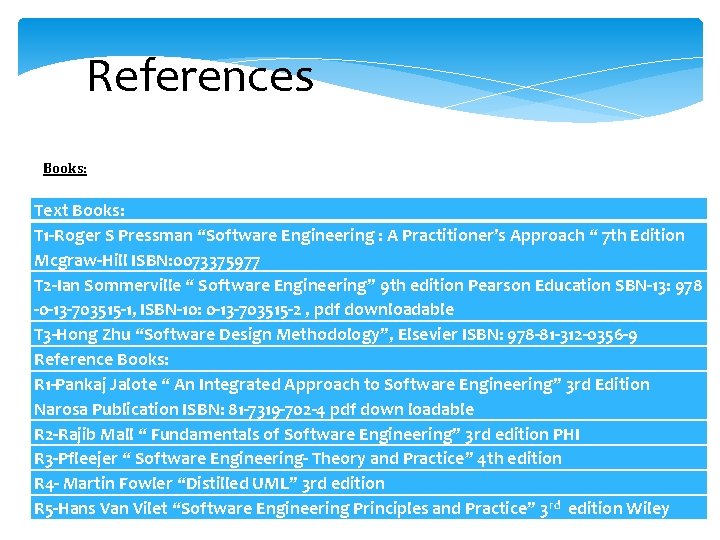 References Books: Text Books: T 1 -Roger S Pressman “Software Engineering : A Practitioner’s References Books: Text Books: T 1 -Roger S Pressman “Software Engineering : A Practitioner’s