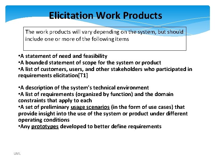 Elicitation Work Products The work products will vary depending on the system, but should Elicitation Work Products The work products will vary depending on the system, but should