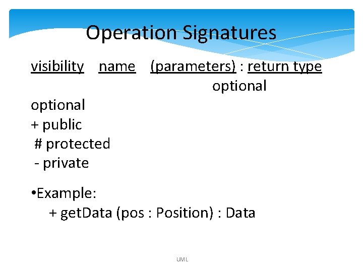 Operation Signatures visibility name (parameters) : return type optional + public # protected - Operation Signatures visibility name (parameters) : return type optional + public # protected -