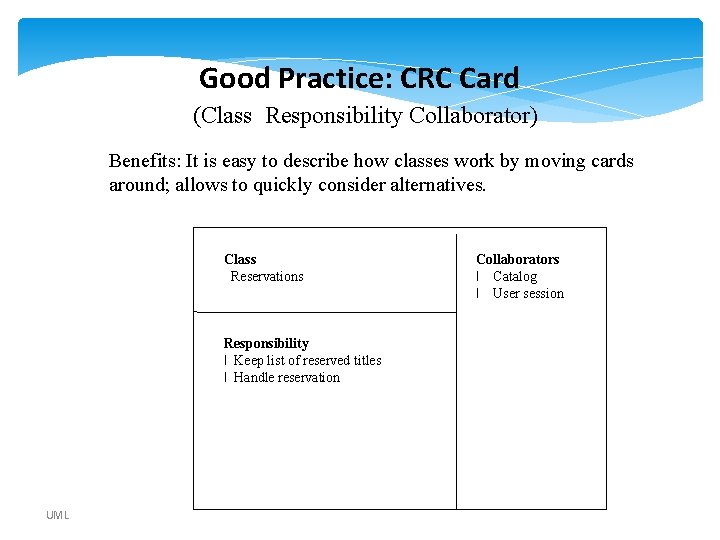 Good Practice: CRC Card (Class Responsibility Collaborator) Benefits: It is easy to describe how Good Practice: CRC Card (Class Responsibility Collaborator) Benefits: It is easy to describe how