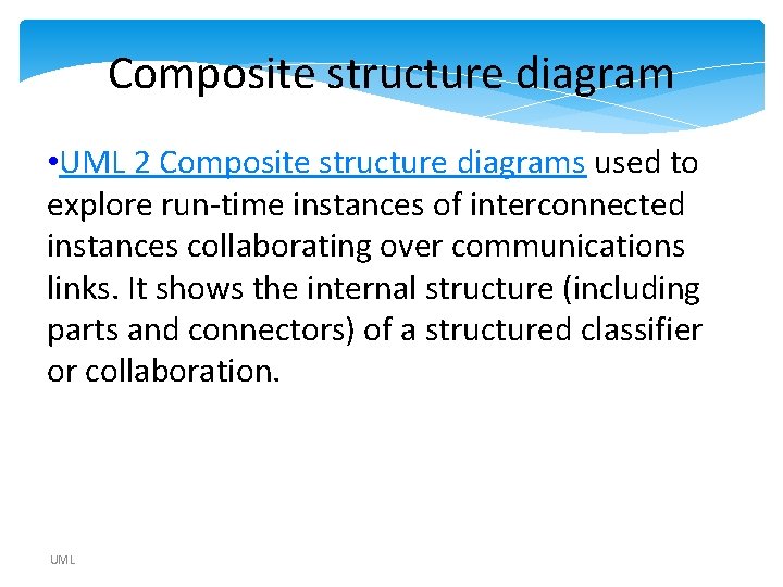 Composite structure diagram • UML 2 Composite structure diagrams used to explore run-time instances Composite structure diagram • UML 2 Composite structure diagrams used to explore run-time instances