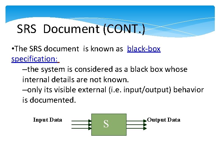 SRS Document (CONT. ) • The SRS document is known as black-box specification: –the SRS Document (CONT. ) • The SRS document is known as black-box specification: –the