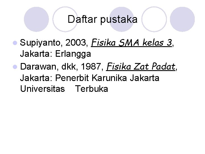 Daftar pustaka 2003, Fisika SMA kelas 3, Jakarta: Erlangga l Darawan, dkk, 1987, Fisika