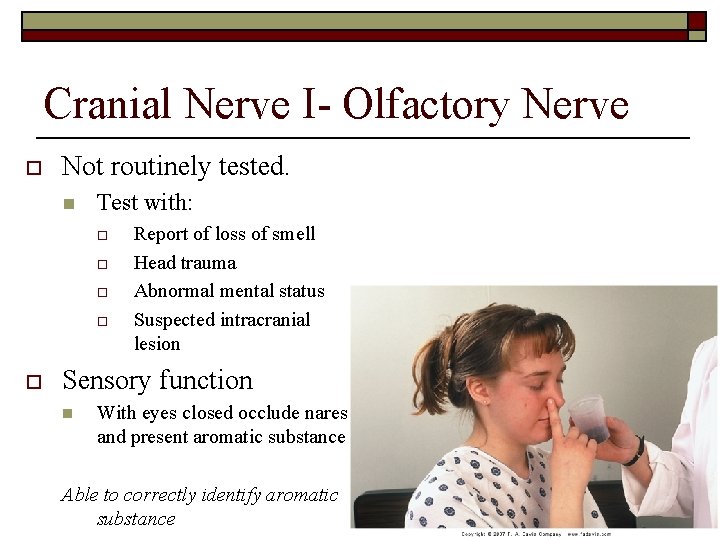 Cranial Nerve I- Olfactory Nerve o Not routinely tested. n Test with: o o