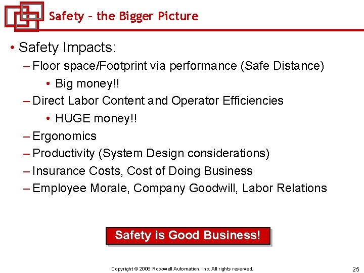 Safety – the Bigger Picture • Safety Impacts: – Floor space/Footprint via performance (Safe