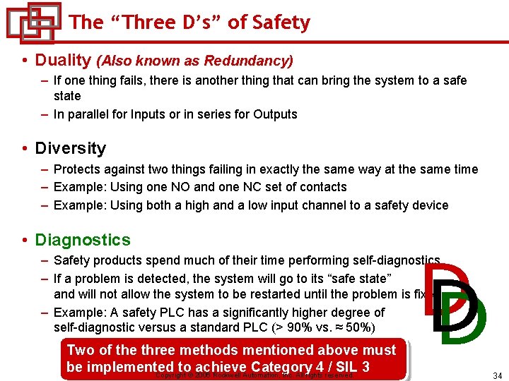 The “Three D’s” of Safety • Duality (Also known as Redundancy) – If one