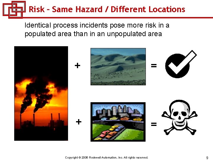 Risk – Same Hazard / Different Locations Identical process incidents pose more risk in