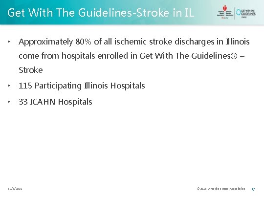 Get With The Guidelines-Stroke in IL • Approximately 80% of all ischemic stroke discharges
