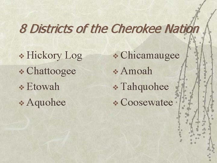 8 Districts of the Cherokee Nation v Hickory Log v Chattoogee v Etowah v