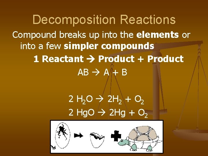 Decomposition Reactions Compound breaks up into the elements or into a few simpler compounds